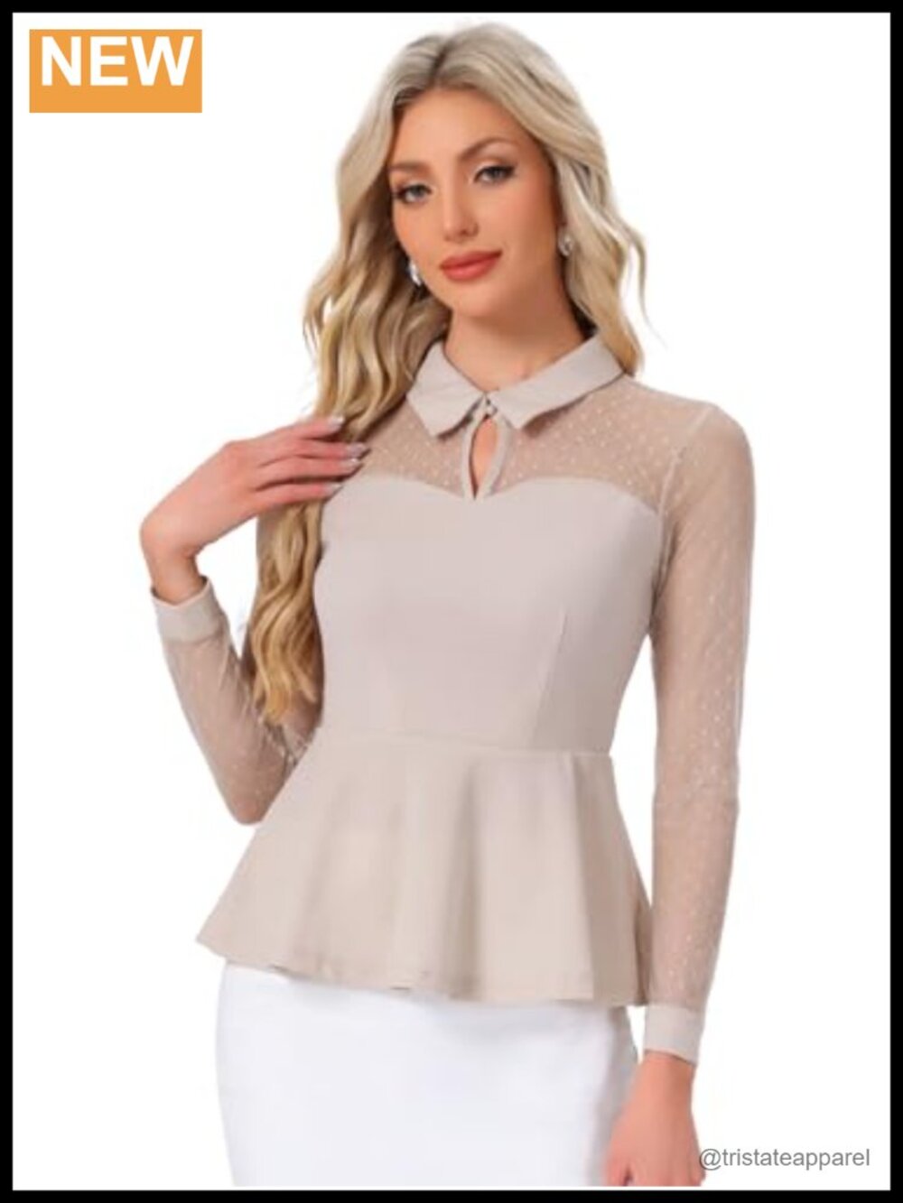 Women's Mesh Long Sleeve Blouse Sheer Keyhole Neck Vintage Peplum Top
